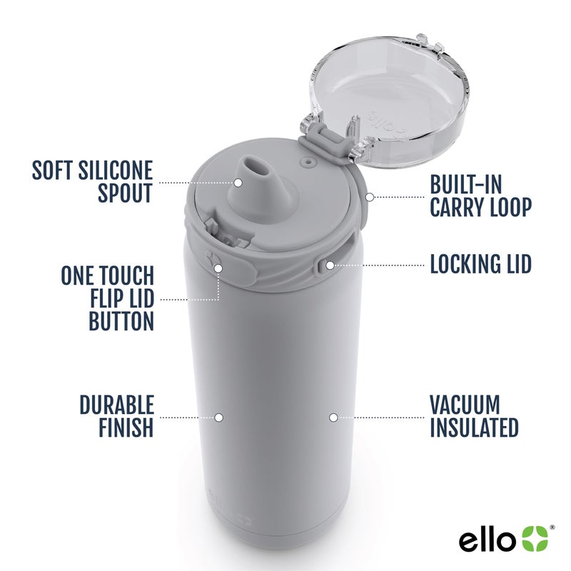 Ello Cooper 22oz Stainless Steel Water Bottle with Straw and Carry Handle, Double Walled and Vacuum Insulated Metal, Leak Proof Locking Lid with Soft Silicone Spout, Reusable, BPA Free, Grey - Image 3